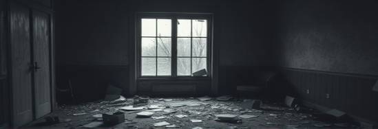 careful trauma scene, contemplative expression, documenting the area, photorealistic, abandoned house with broken windows, highly detailed, scattered documents, ultra high-resolution, monochromatic palette, natural lighting through cracks, shot with a 35mm lens.